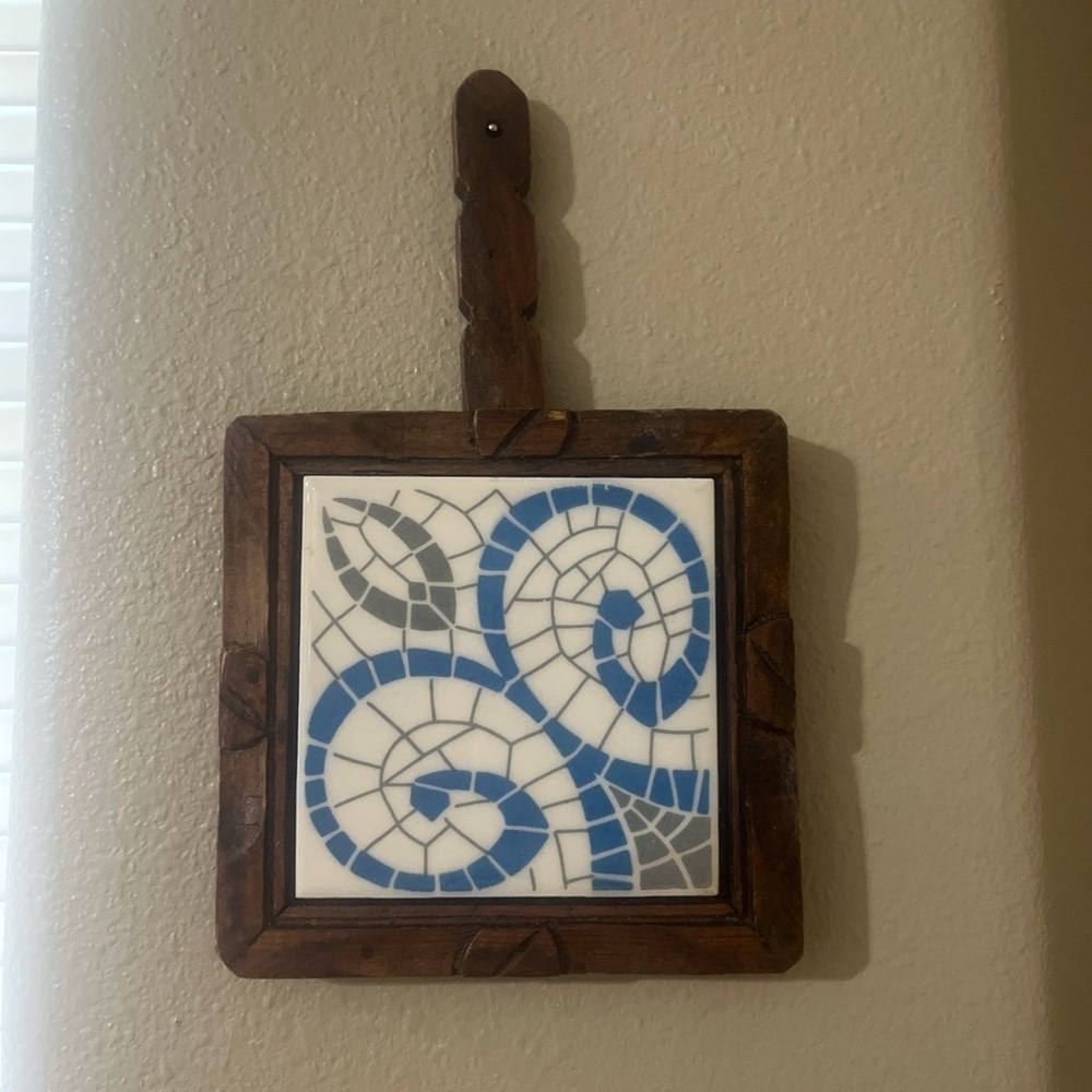 Vintage Dal Tile Mexican Trivet with Wood Frame Handle Vintage MCM 1970's